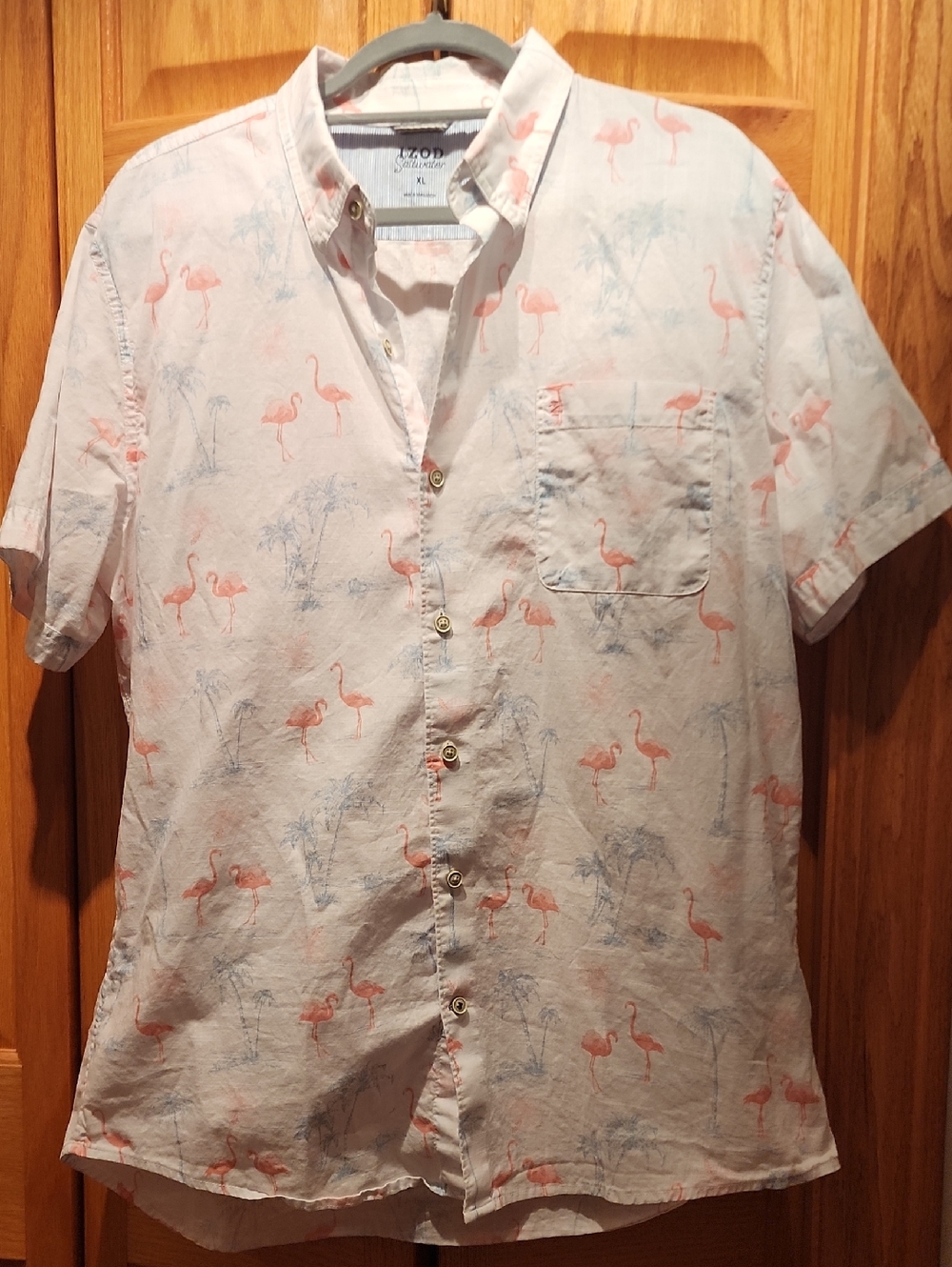 Izod White Short-Sleeve Button-Up Shirt with Pink Flamingo Print